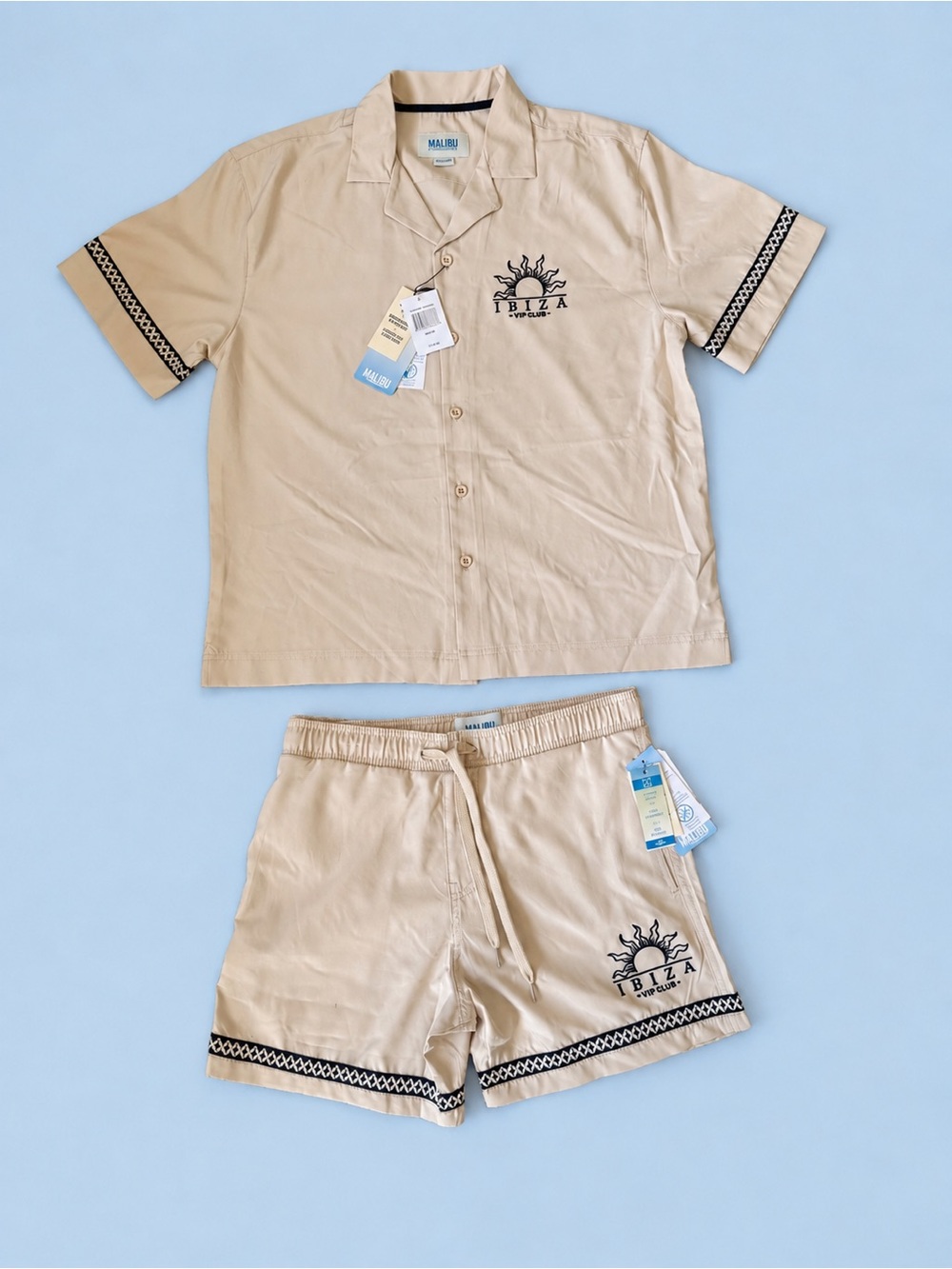 NWT Malibu Ibiza VIP Club Men’s M Beige 2 Piece Shirt & Shorts Set